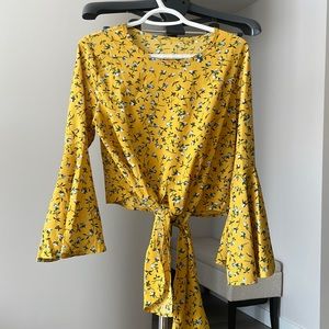 YELLOW FLORAL BLOUSE WITH FRONT TIE AND BELL SLEEVES